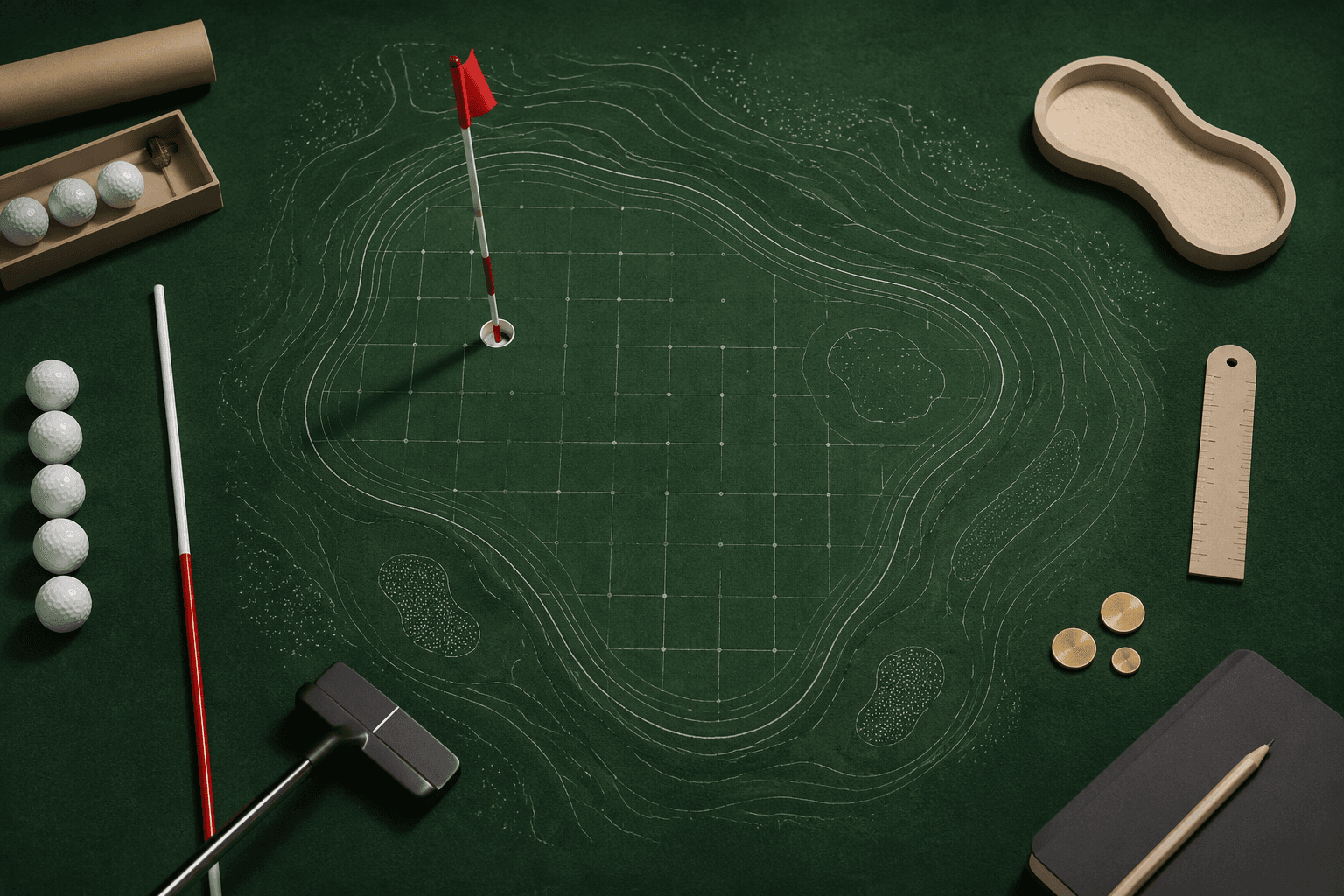 Top-down golf green drafting board with a red flag pin, white contour lines and practice accessories arranged as a plotting layout